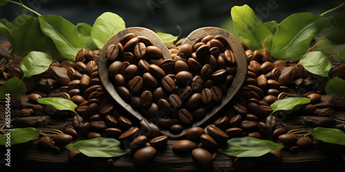 Coffee, Cafe Concept. Heart shape made from coffee beans and flowers.