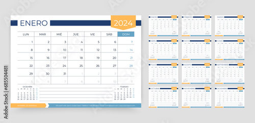 Calendar 2024 year. Spanish planner template. Week starts Monday. Desk schedule grid. Yearly corporate organizer. Calender layout. Horizontal monthly diary with 12 month. Vector simple illustration photo