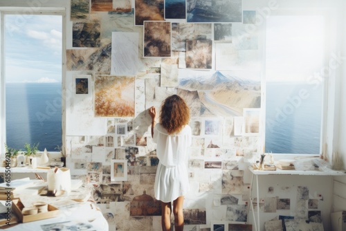 a young motivated and focused woman journalling and making her vision board to manifest her dreams and plans, in a white room full of pictures, images, cliparts and visual resources photo
