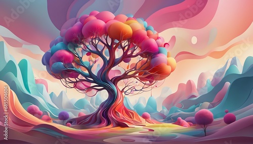 A vibrant, multi-colored tree made up of abstract lines and curves. The tree stands out against a background of muted pastel colors, creating a striking contrast.