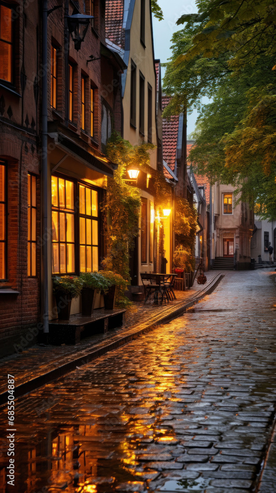 The evening's quietude envelops a wet cobblestone street, where golden lights from old houses create a cozy, storybook scene.