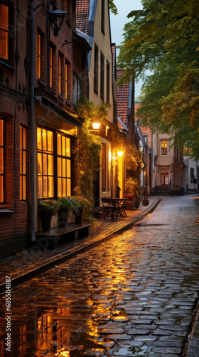 The evening s quietude envelops a wet cobblestone street  where golden lights from old houses create a cozy  storybook scene.