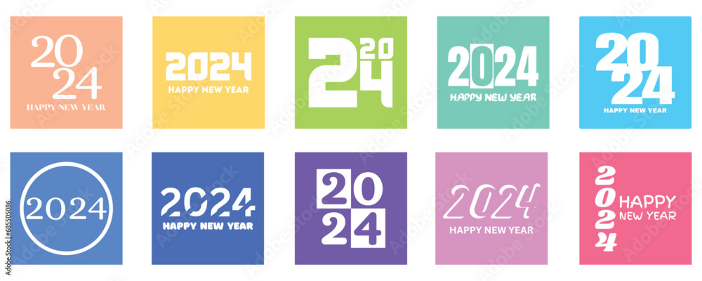 Happy new year 2024 collection, square banner template, vector illustration design for new year greeting and celebration