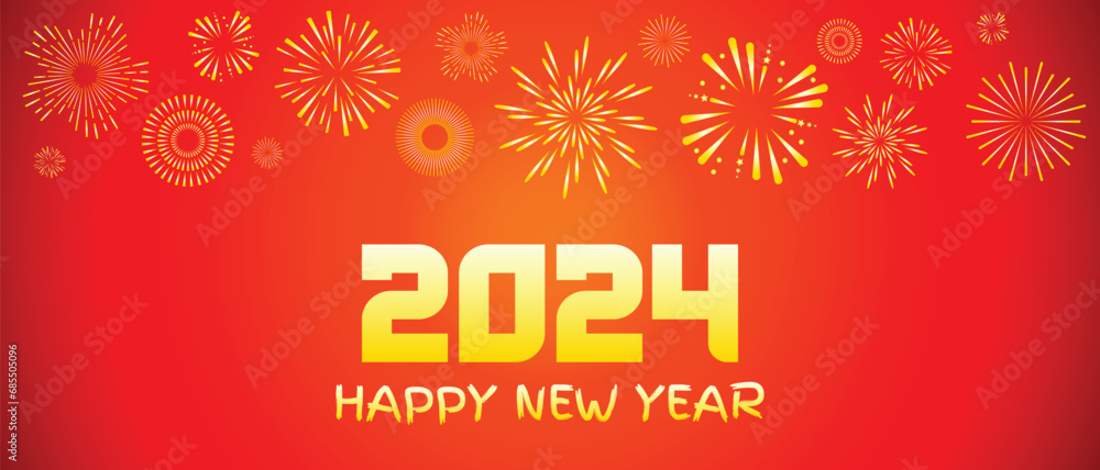 Happy new year 2024, golden  numbers 2024 with firework, red new year greeting card, banner, header template, flat vector illustration