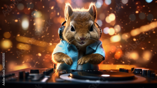 A squirrel in a blue shirt and headphones skillfully DJing with a bokeh light effect in the background, bringing an urban nightlife atmosphere. photo
