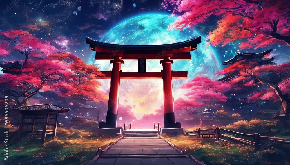 Colorful Vibrant Anime Torii Gate Japanese Landscape with Sakura and Galactic Sky background - obrazy, fototapety, plakaty 