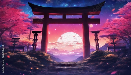 Colorful Vibrant Anime Torii Gate Japanese Landscape with Sakura and Galactic Sky background