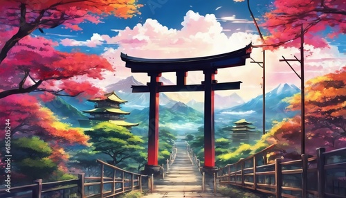 Colorful Vibrant Torii Gate Japanese Landscape with Sakura and Beautiful Sky Village background photo