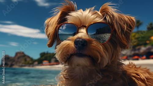 Adorable Dog with Sunglasses Basking on a Sunny Sandy Beach, Savoring a Blissful Vacation on a Hot Summer Day by the Ocean © Benjamin