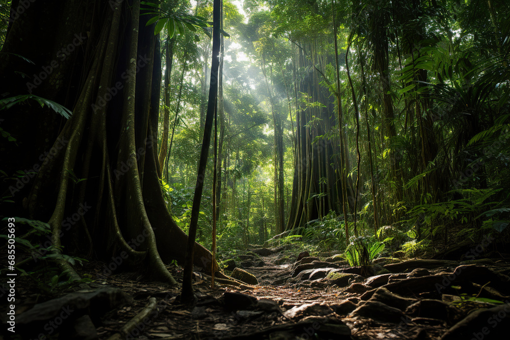 Path in the Lush Green Forest. Generative Ai