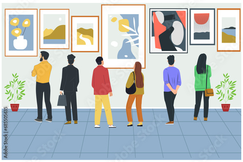 Visitors are viewing modern creative artworks paintings at Exhibition. Vector illustration.