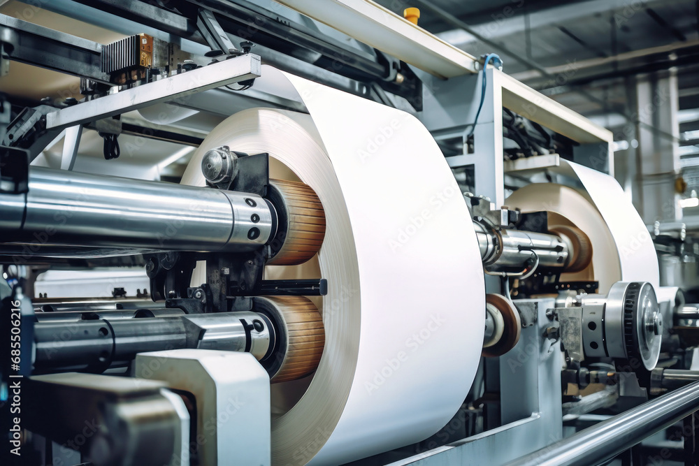 Paper production machine. Powerful modern equipment for the production of coated paper. Paper industry. Paper production machine. Powerful modern equipment for the production of coated paper. Paper industry.