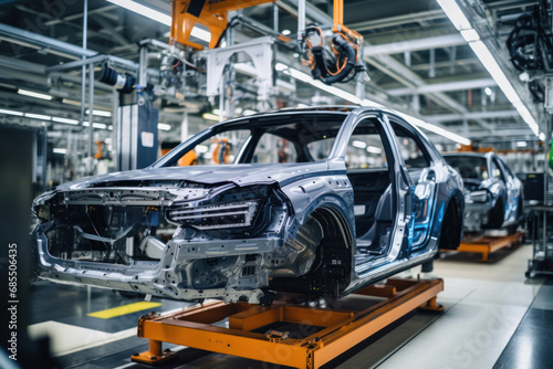 Car production line. Assembling a car on a conveyor belt. Close-up of a car body. Automotive industry Interior of a high-tech factory, modern production.