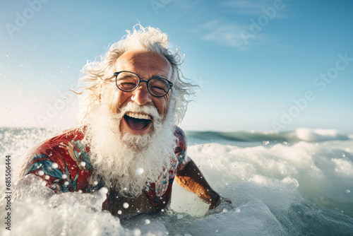 An elderly man with a beard swims in the sea waves. Close-up portrait. Happy emotions. Active lifestyle. Relaxation on the beach. © Anoo