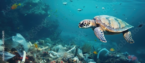 Sea pollution pictured  impacting marine environment  turtle swims amidst plastic waste  debris.