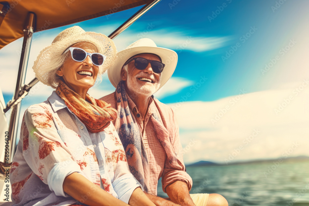 An elderly couple sits in a boat or yacht against the backdrop of the sea. Happy and smiling. Yacht trip. Sea voyage, active recreation An elderly couple sits in a boat or yacht against the backdrop of the sea. Happy and smiling. Yacht trip. Sea voyage, active recreation
