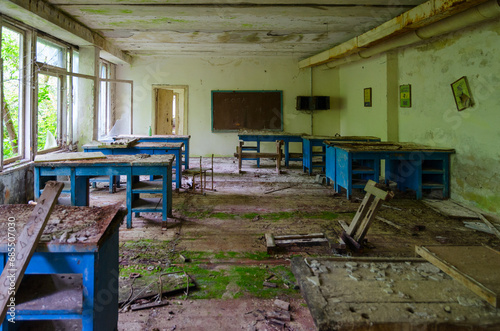 Devastation in premises of abandoned school in resettled village of Pogonnoye in exclusion zone of Chernobyl, Belarus