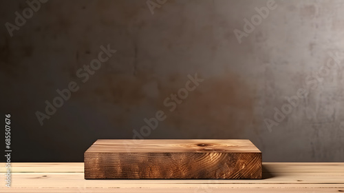 Rustic board or podium, product display on bright brown background. Mock up. Generative AI.