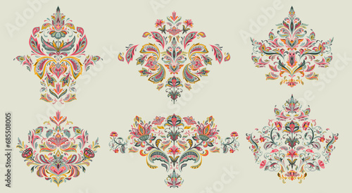 Set of six vector oriental motifs with paisley ornament.