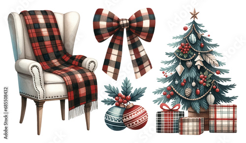 Cozy Christmas decor with buffalo plaid armchair, festive tree, bow, gifts, and ornaments in reds and blues
