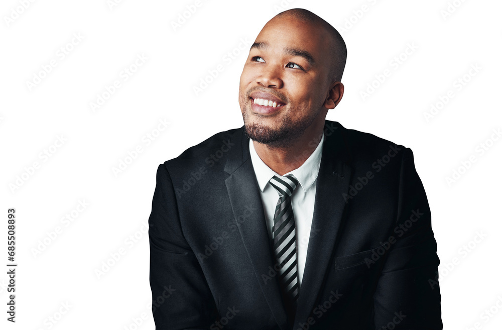 Portrait of businessman with suit, thinking and isolated on transparent png background for job at law firm. Relax, confidence and black man, lawyer or attorney with pride, business ideas or career. Portrait of businessman with suit, thinking and isolated on transparent png background for job at law firm. Relax, confidence and black man, lawyer or attorney with pride, business ideas or career.