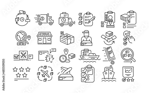 Line icons in various shapes related to shipping, business, trade, transportation, process flow and logistics. information line design
