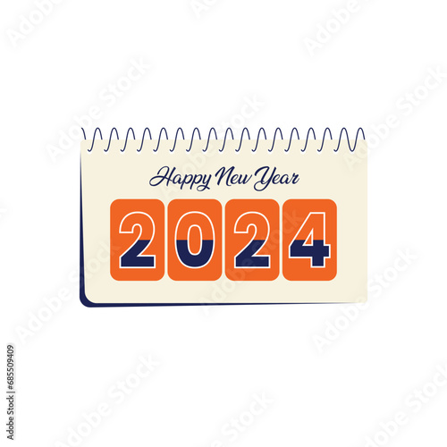  Happy New Year 2024  lettering calligraphy Desk Calendar Icon Mockup Post or greeting card or social media post design on white background