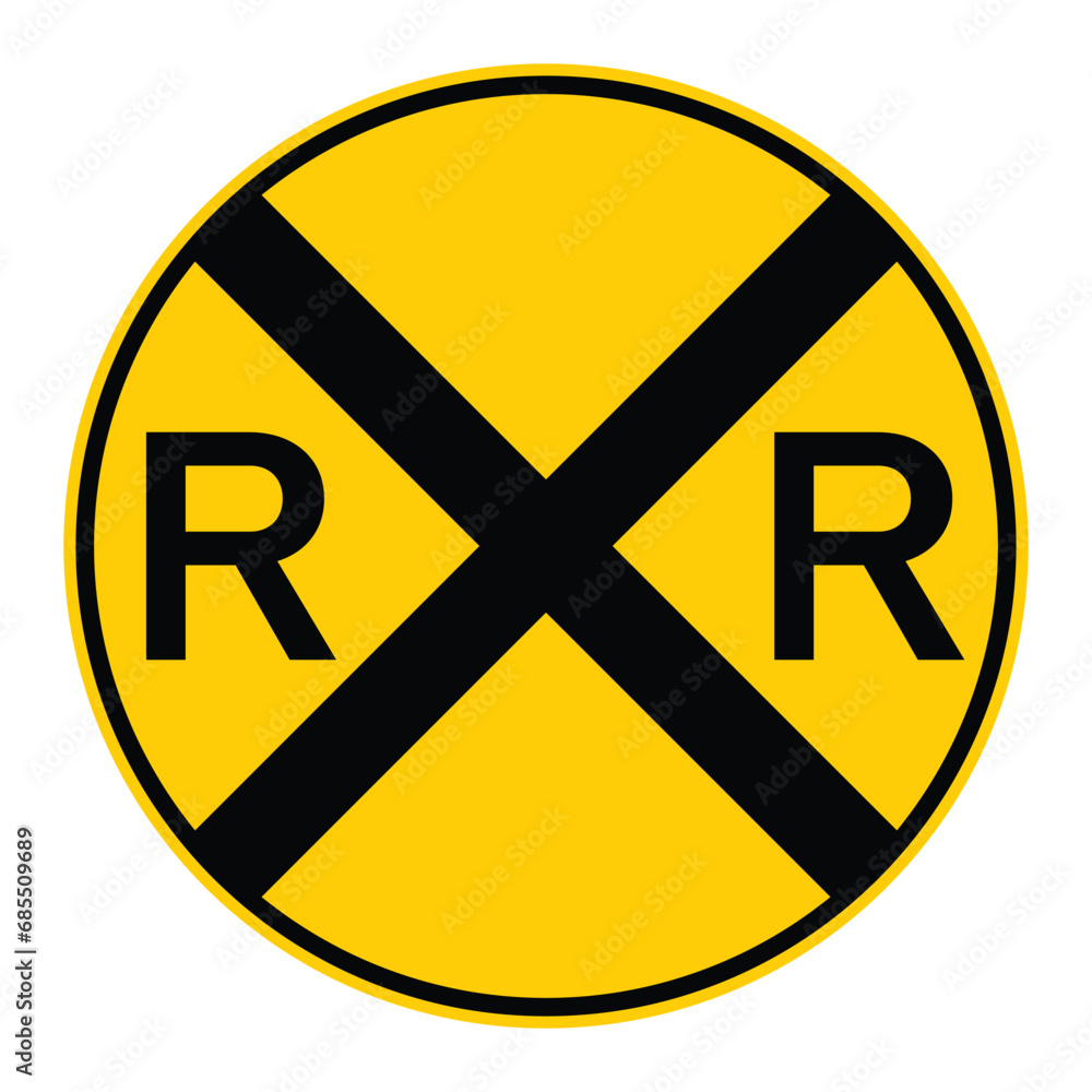 Obraz premium railway crossing sign, railroad level crossing ahead signs in yellow circle with black cross and R