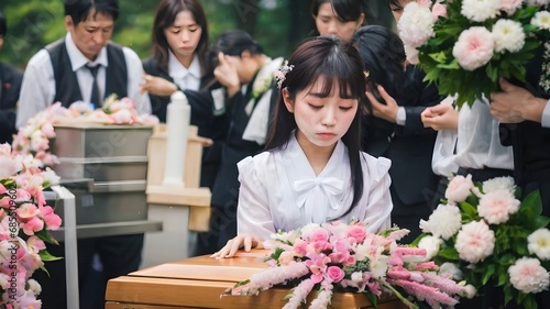 Sad Asian Woman In Funeral Ceremony Background