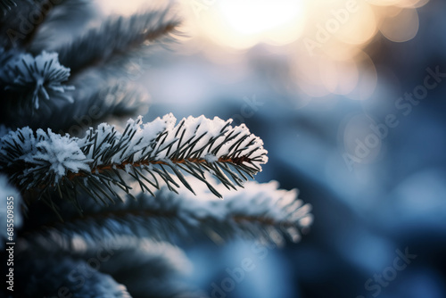 A closeup of a frosty pine branch against a sunset sky