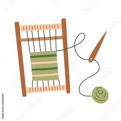 Frame loom weaving icon, weaving coasters and place mats on frame loom, handmade home decor vector illustrations, doodle tools for tapestry, isolated colored clipart on white background