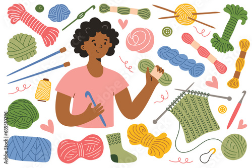 Cartoon woman knitting with wool, collection of yarn and knitting needles, trendy needlework craft, handicraft accessories, set of handmade knitted items, crochet hook icon, isolated outline clipart