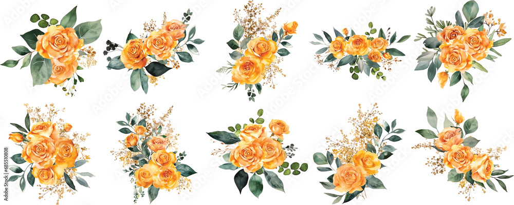 Set of Vibrant Watercolor Bouquet of Yellow Roses with Delicate Blooms and Stems on White Background