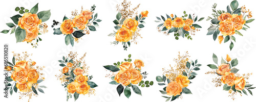 Set of Vibrant Watercolor Bouquet of Yellow Roses with Delicate Blooms and Stems Transparent Background © Rawitcha