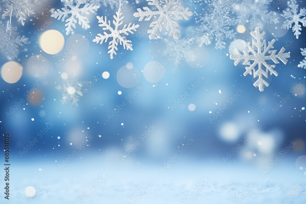 A serene and dreamy background image of a winter wonderland with snowflakes and bokeh lights A serene and dreamy background image of a winter wonderland with snowflakes and bokeh lights