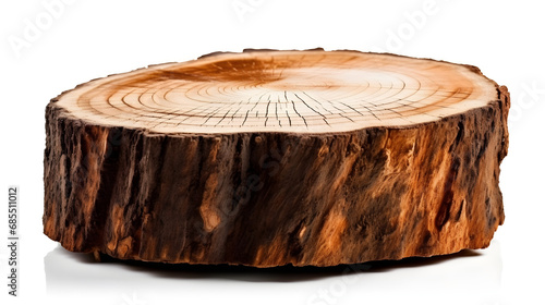  smooth cross section brown tree stump slice with age rings cut fresh from the forest with wood grain isolated on white. Generative AI.
