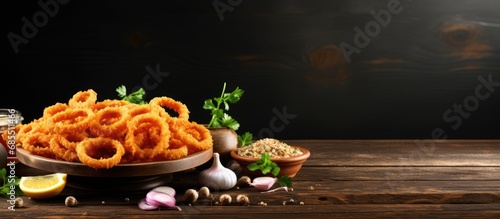 Table with homemade onion rings. photo