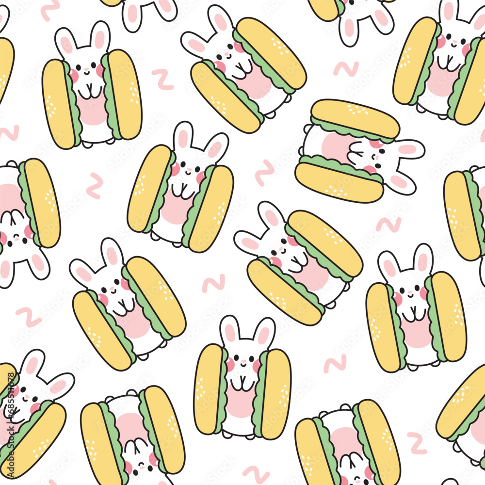 Seamless pattern of cute rabbit hotdog on white background.Bunny hand drawn.Fast food.Image for card,poster,kid product.Kawaii.Vector.Illustration.