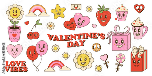 Groovy valentine day set. Daisy and heart with faces. Comic retro stickers for romantic holiday. Hippie love. 70s and 80s cute characters. Decorative elements. Cartoon flat vector illustration