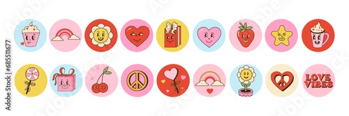 Valentine day icons. Round stickers. Daisy and heart with faces. Comic retro set romantic holiday. Hippie love. 70s and 80s cute characters. Decorative elements. Cartoon flat vector illustration