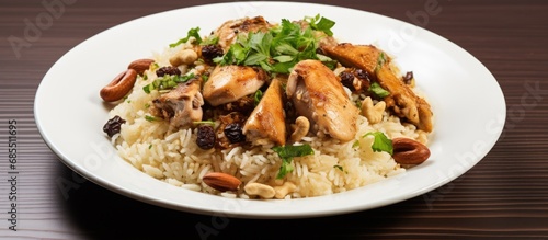 Siirt perde pilavi: local Turkish rice dish with chicken, almonds, and raisins, served drape-style.