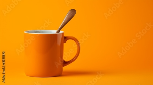 Ceramic coffee mug and spoon on a bright orange backdrop.