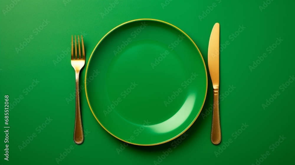 Classic white plate with a golden fork and knife on a vibrant green surface. Classic white plate with a golden fork and knife on a vibrant green surface.