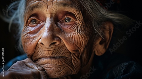 The serene expression of contentment on an elderly person's face, wrinkles telling tales of a life well-lived.