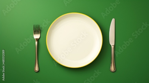 Classic white plate with a golden fork and knife on a vibrant green background.