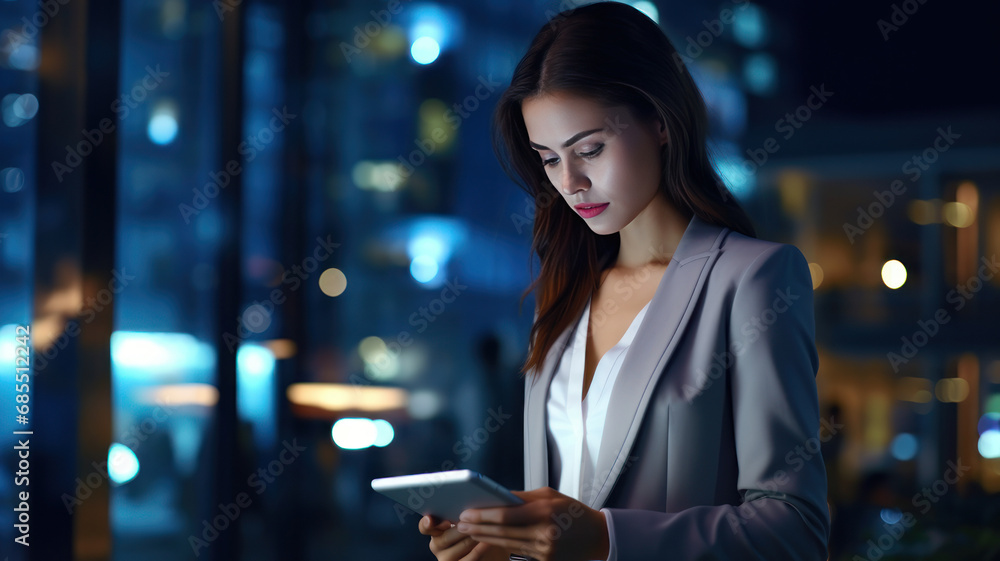 Fototapeta premium Attractive business lady working on tablet . night city background ,copy space