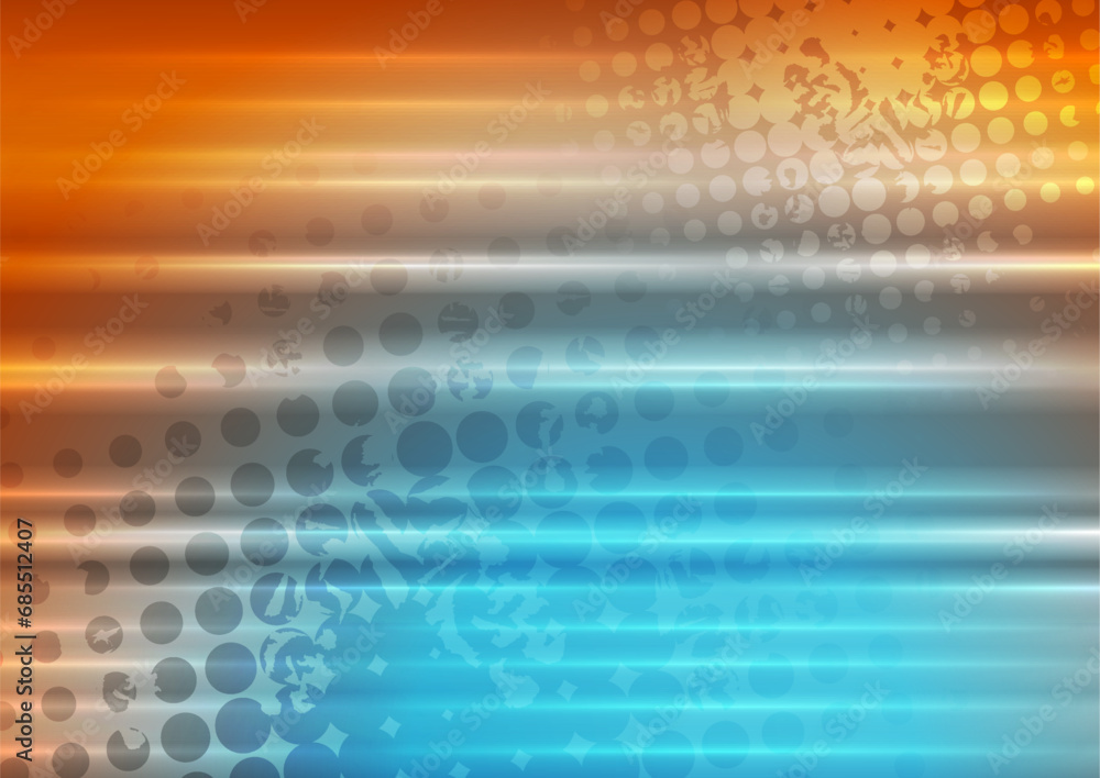 Naklejka premium Bright blue orange smooth stripes and halftone abstract background. Vector futuristic shiny design