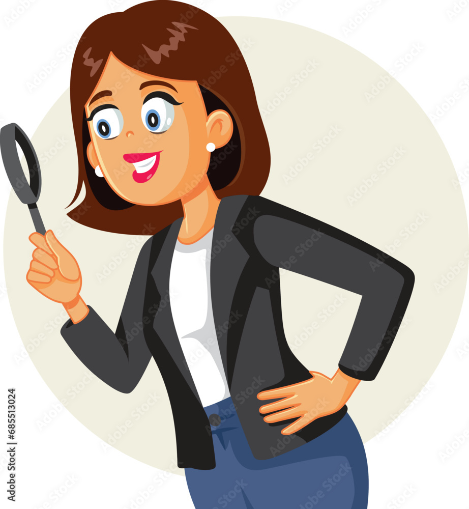 Spying Businesswoman Holding a Magnifying Glass Vector Cartoon Character. Happy woman looking for clues and information 
