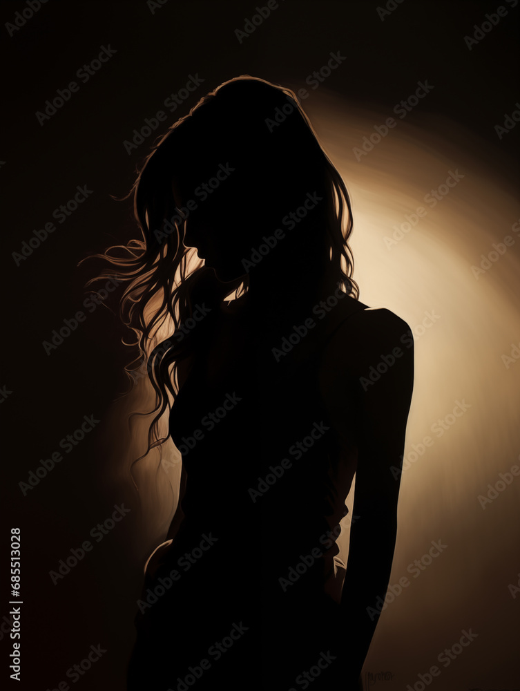 Obraz premium Backlit silhouette of pretty woman,created with Generative AI tecnology.
