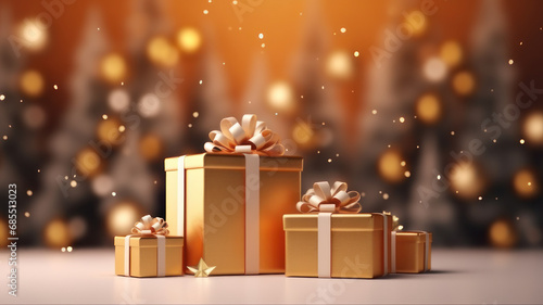 Wallpaper Mural Christmas winter festive composition. Colorful Xmas background realistic 3d decorative design objects, big and small deer, gift boxes, snowy trees, gold ,  copy space Torontodigital.ca